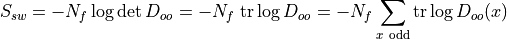 S_{sw} = -N_f\log\det D_{oo} = -N_f~\mathrm{tr}\log D_{oo} = -N_f\sum_{x~\mathrm{odd}}\mathrm{tr}\log D_{oo}(x)