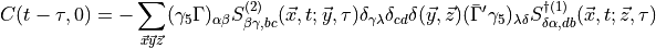C(t - \tau, 0) = -\sum_{\vec{x} \vec{y} \vec{z}} (\gamma_5 \Gamma)_{\alpha \beta} S^{(2)}_{\beta\gamma,b c} (\vec{x}, t; \vec{y}, \tau) \delta_{\gamma \lambda} \delta_{cd} \delta(\vec{y}, \vec{z}) (\bar{ \Gamma }' \gamma_5)_{\lambda \delta} S^{\dagger (1)}_{\delta \alpha, d b} (\vec{x}, t;\vec{z}, \tau)