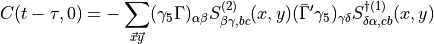 C(t - \tau, 0) = -\sum_{\vec{x} \vec{y}} (\gamma_5 \Gamma)_{\alpha \beta} S^{(2)}_{\beta\gamma,bc} (x,y) (\bar{ \Gamma }' \gamma_5)_{\gamma \delta} S^{\dagger (1)}_{\delta \alpha, cb} (x,y)