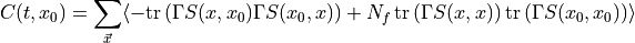 C(t, x_0) = \sum_{\vec{x}} \langle -\mathrm{tr}\left(\Gamma S(x,x_0)\Gamma S(x_0,x)\right) + N_f\,\mathrm{tr}\left(\Gamma S(x,x)\right)\mathrm{tr}\left(\Gamma S(x_0,x_0)\right)\rangle