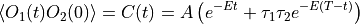 \langle O_1(t) O_2(0) \rangle = C(t) = A \left( e^{ -Et} + \tau_1 \tau_2 e^{-E(T - t)}\right)