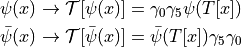 \begin{aligned}\psi(x) \rightarrow {\cal T}[ \psi(x) ] = \gamma_0 \gamma_5 \psi( T[x]) \\
\bar{ \psi } (x) \rightarrow {\cal T}[ \bar{ \psi } (x) ] = \bar{ \psi }( T[x])  \gamma_5 \gamma_0 \end{aligned}