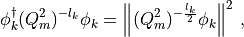 \phi_k^\dagger ( Q_m^2 )^{-l_k}\phi_k = \left\| (Q_m^2)^{-\frac{l_k}{2}} \phi_k \right\|^2\, ,