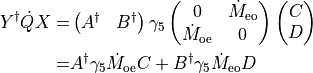 \begin{aligned}
  Y ^{\dagger} \dot{Q} X  =& \begin{pmatrix} A^\dagger &
    B^\dagger \end{pmatrix} \gamma_5 \begin{pmatrix} 
 0  & \dot{M}_{\rm{eo}} \\
\dot{M}_{\rm{oe}} & 0\\
\end{pmatrix}  \begin{pmatrix} C \\  D \\\end{pmatrix} \\
=&  A^\dagger \gamma_5 \dot{M}_{\rm{oe}}  C + B^\dagger \gamma_5 \dot{M}_{\rm{eo}} D\end{aligned}