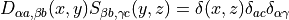 D_{\alpha a, \beta b} (x,y) S_{\beta b, \gamma c} (y, z) = \delta(x,z) \delta_{ac} \delta_{\alpha \gamma}